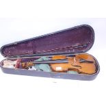 Old violin, length of back excluding button 36cm,