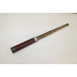 19th century lacquered brass and stained wood four-draw telescope,