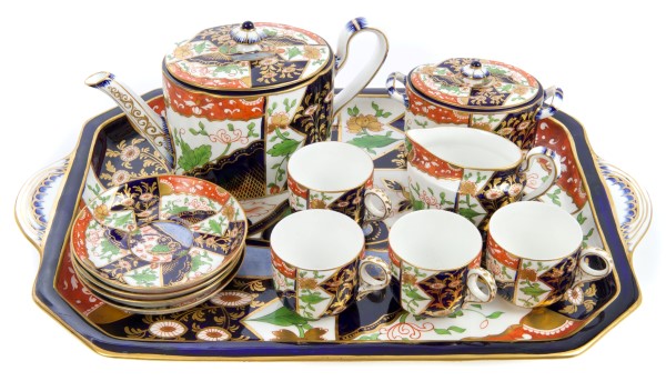 Victorian Derby Imari pattern cabaret set comprising two-handled tray, 48cm wide, teapot, sucrier,