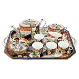 Victorian Derby Imari pattern cabaret set comprising two-handled tray, 48cm wide, teapot, sucrier,