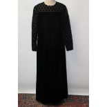 Designer John Cavanagh late 1960s vintage black velvet maxi hostess dress with black velvet dots