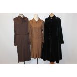 Designer Pierre Balmain brown jersey dress circa 1970s and Balmain black velvet coat,