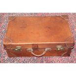 Edwardian vintage luggage, brown leather travelling trunk with removable inner tray, lined interior,