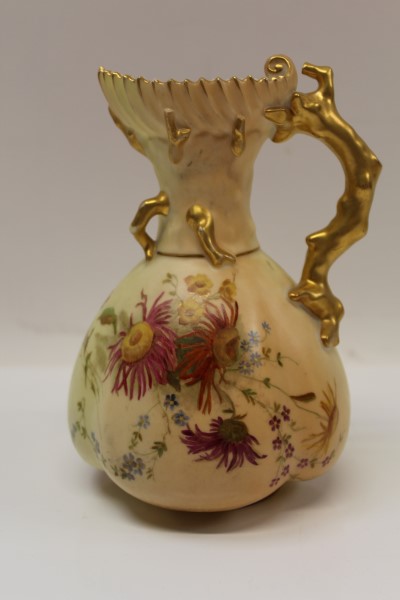 Late Victorian Royal Worcester blush ivory jug with hand-painted floral decoration and stylised