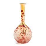 Early 20th century Gallé red overlaid cameo glass bottle-shape vase with floral decoration, signed