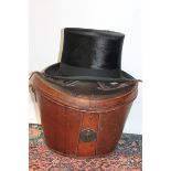 Vintage leather top hat box with red lining and Lincoln Bennett & Co., black top hat CONDITION