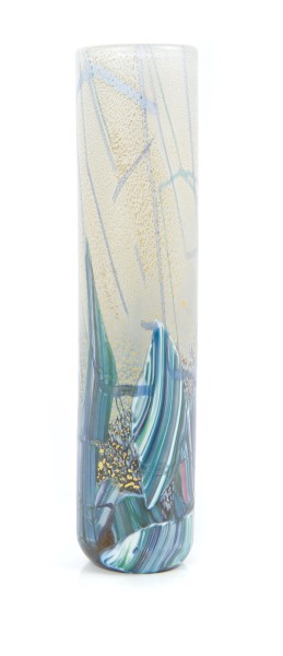 Isle of Wight glass cylindrical vase, bearing paper label and signed underneath - Michael Harris,