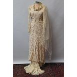 1930s wedding dress - ivory lace over pink crepe, sweetheart neckline, fitted bodice,