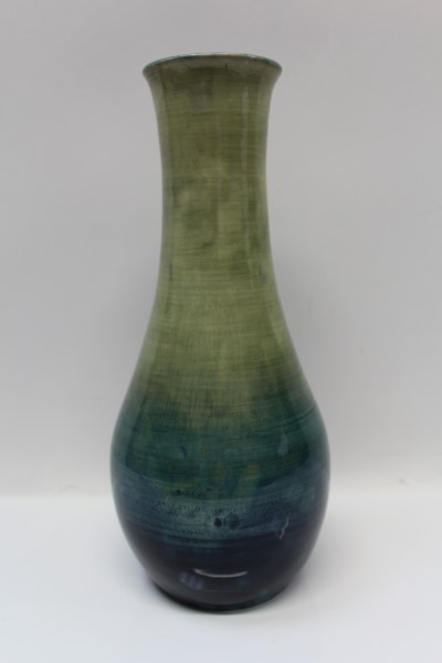 Moorcroft pottery vase with experimental glaze and ribbed blue and green body, impressed and painted