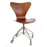 1960s teak desk chair rotatable with four wheels, on metal stand height adjuster, by Fritz Hansen,