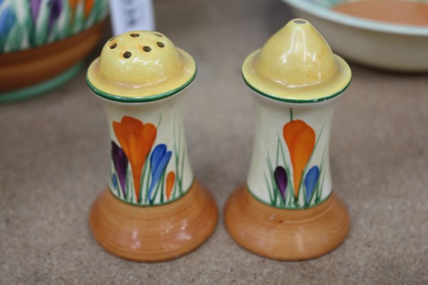 Selection of Clarice Cliff Bizarre range Crocus pattern hand-painted items including two bowls, - Image 5 of 28