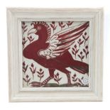 William de Morgan Great Curassow tile with lustre bird decoration amongst foliage, in modern frame,