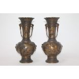 Pair late 19th century Japanese bronze vases with two handles and reserves decorated with birds and