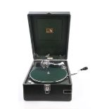 HMV 102 Portable Gramophone - circa 1930 - 1931, green leather, complete with winding handle,