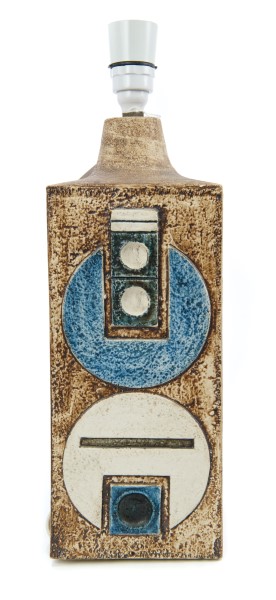 Troika pottery rectangular lamp base with abstract figure decoration in shades of blue and white on