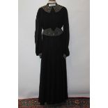 Ladies' circa 1940s vintage black crepe chiffon evening gown with beaded neckline,