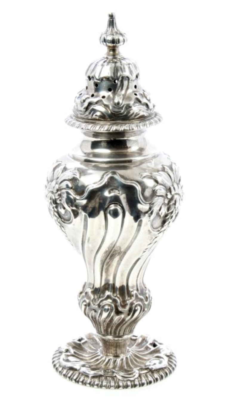 Victorian silver sugar caster of inverted baluster form, with foliate and wrythen fluted decoration,