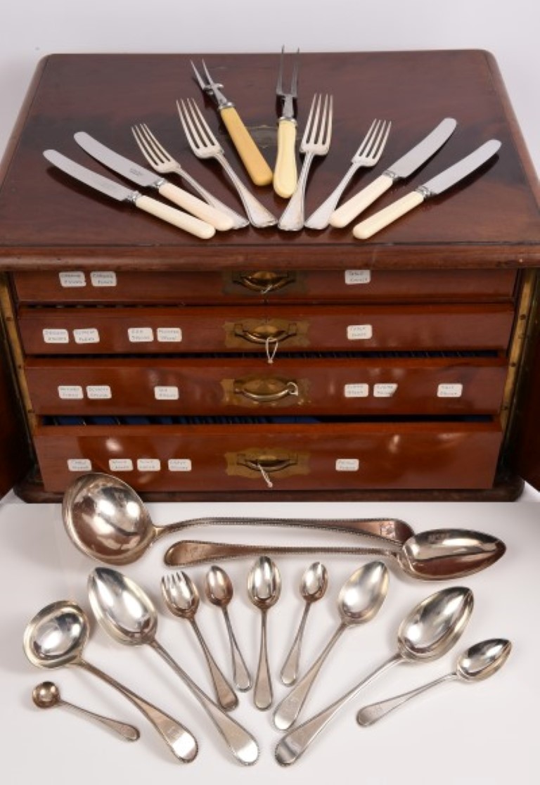 Victorian part canteen of silver Old English bead pattern cutlery with engraved armorial crest