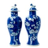 Pair of early 20th century Chinese export blue and white oviform vases and covers with temple dog