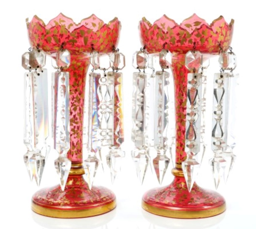 Pair of good quality mid-19th century Bohemian gilt painted ruby glass lustres with gothic