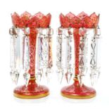 Pair of good quality mid-19th century Bohemian gilt painted ruby glass lustres with gothic