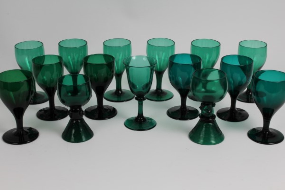 Twelve 19th century Bristol green glass wine glasses and three similar (15)