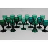 Twelve 19th century Bristol green glass wine glasses and three similar (15)
