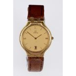 Gentlemen's Omega gold (18ct) wristwatch with quartz movement, gold coloured dial with date