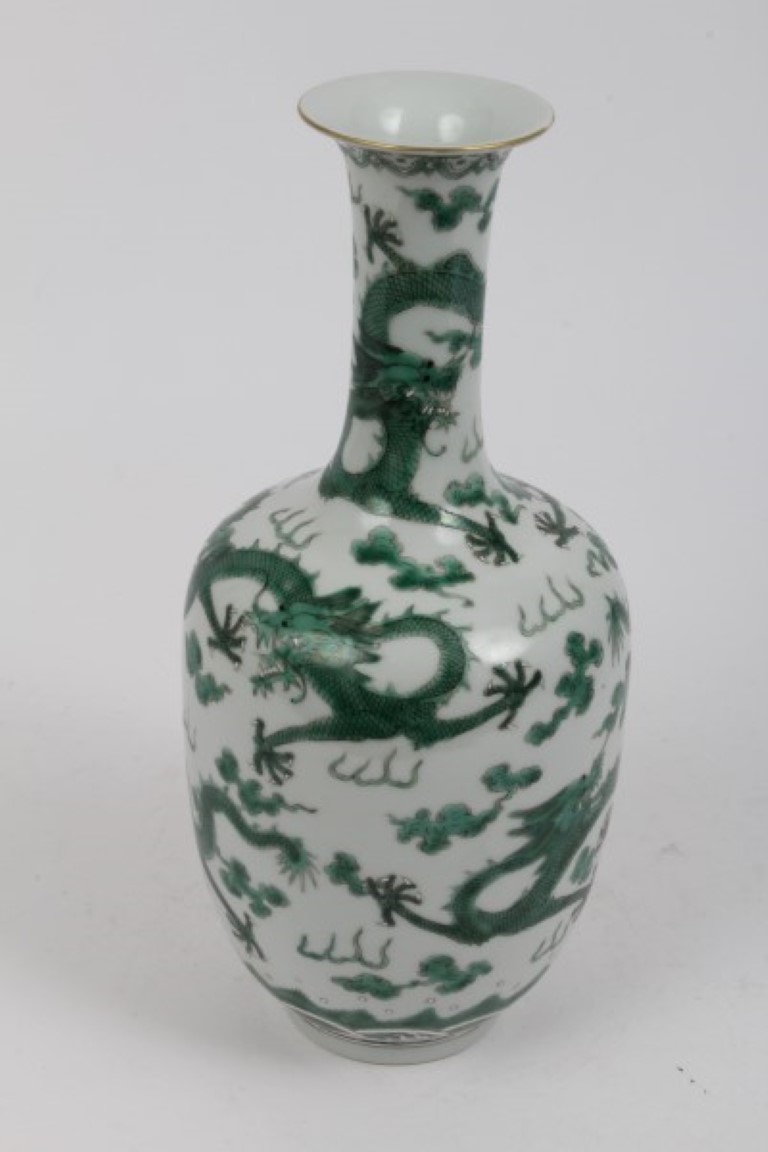 Chinese baluster vase, the slender neck with flared rim, decorated with green dragons in clouds,