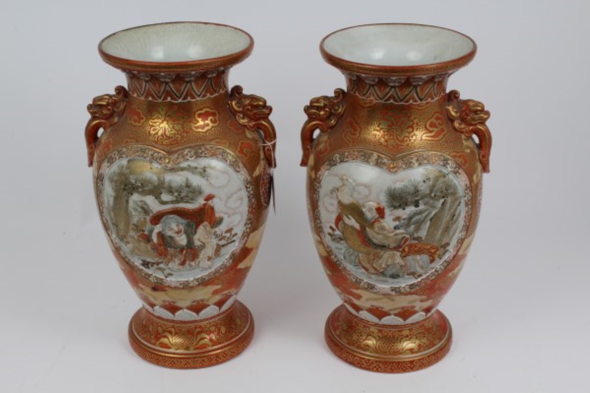 Pair of good quality late 19th century Japanese Arita porcelain vases with dragon head handles,