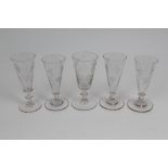 Five Georgian ale flutes with engraved hop decoration, all on splayed foot,