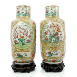 Pair late 19th century Chinese export porcelain vases with polychrome painted bird and floral