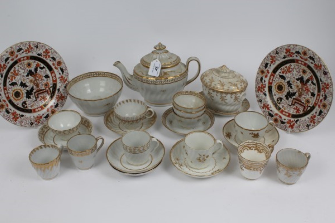 Lot of late 18th century Worcester and other teaware with gilt on white decoration including teapot