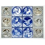 Six Victorian Mintons blue and white Aesop's Fables tiles designed by T. Allen and J. Moyr Smith and