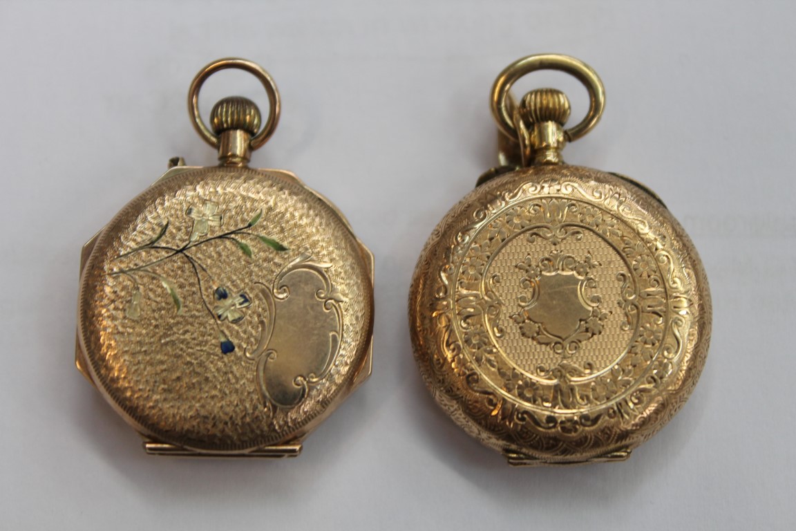 Late 19th century ladies' Swiss gold (14k) cased fob watch with jewelled enamel dial and another - Image 2 of 7