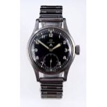 1940s gentlemen's Omega British Military W.W.W. wristwatch, the circular black dial with Arabic
