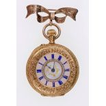 Late 19th century ladies' Swiss gold (18k) fob watch with button-wind movement, gilded white