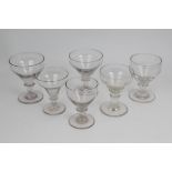 Six Victorian plain glass rummers with knopped stems on splayed foot