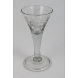 Georgian wine glass with trumpet-shaped bowl engraved with bird and vine decoration, plain stem with