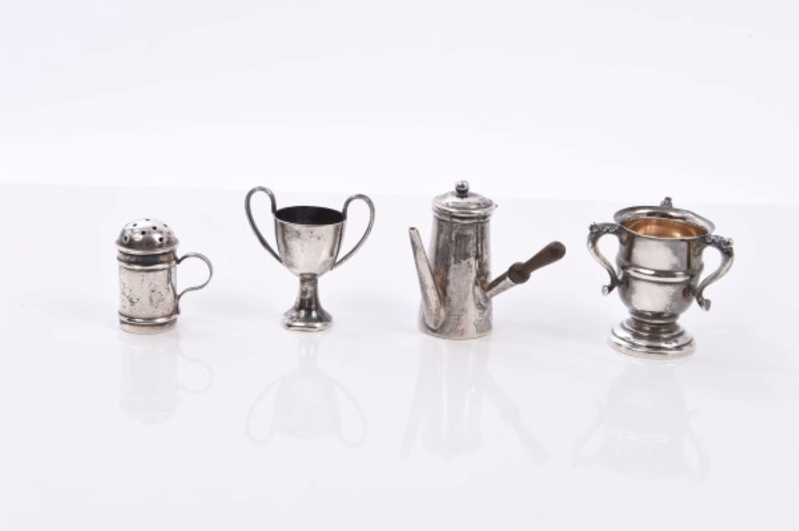 Four miniature silver items including Victorian sugar caster (Chester 1893),