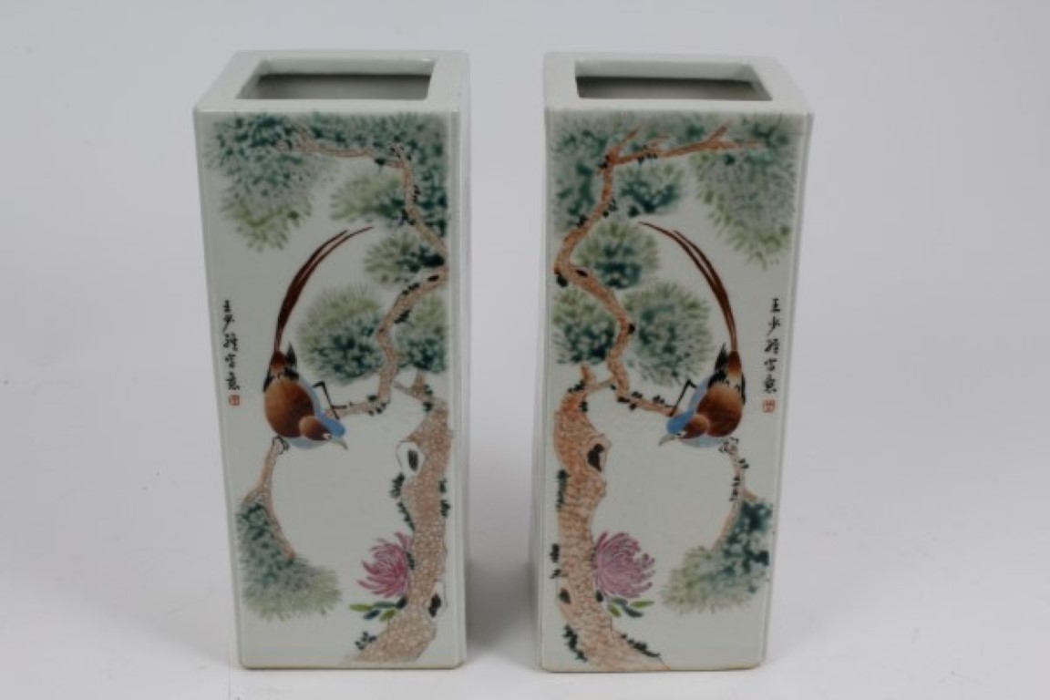 Pair Chinese export square porcelain vases with polychrome painted bird and floral decoration and