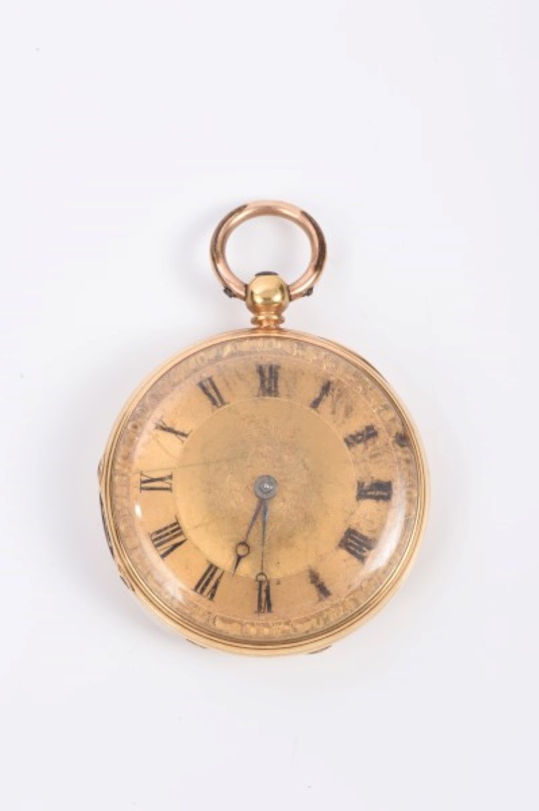Early Victorian gold (18ct) mid-sized pocket watch with English keywind fusee movement, signed - S.