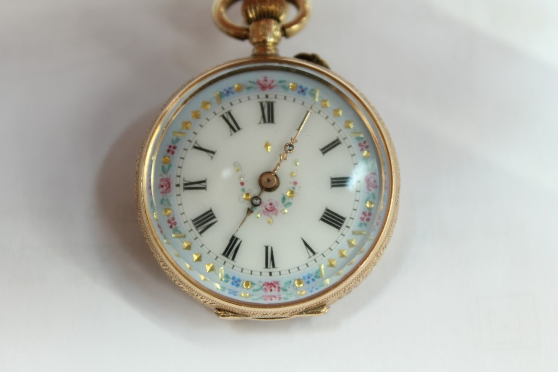 Late 19th century ladies' Swiss gold (14k) cased fob watch with jewelled enamel dial and another - Image 5 of 7
