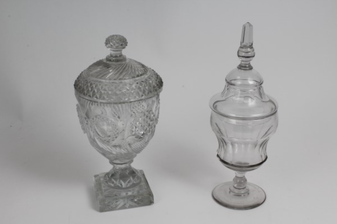 George IV cut and moulded glass sweet jar and cover with hobnail and spiral-cut decoration,