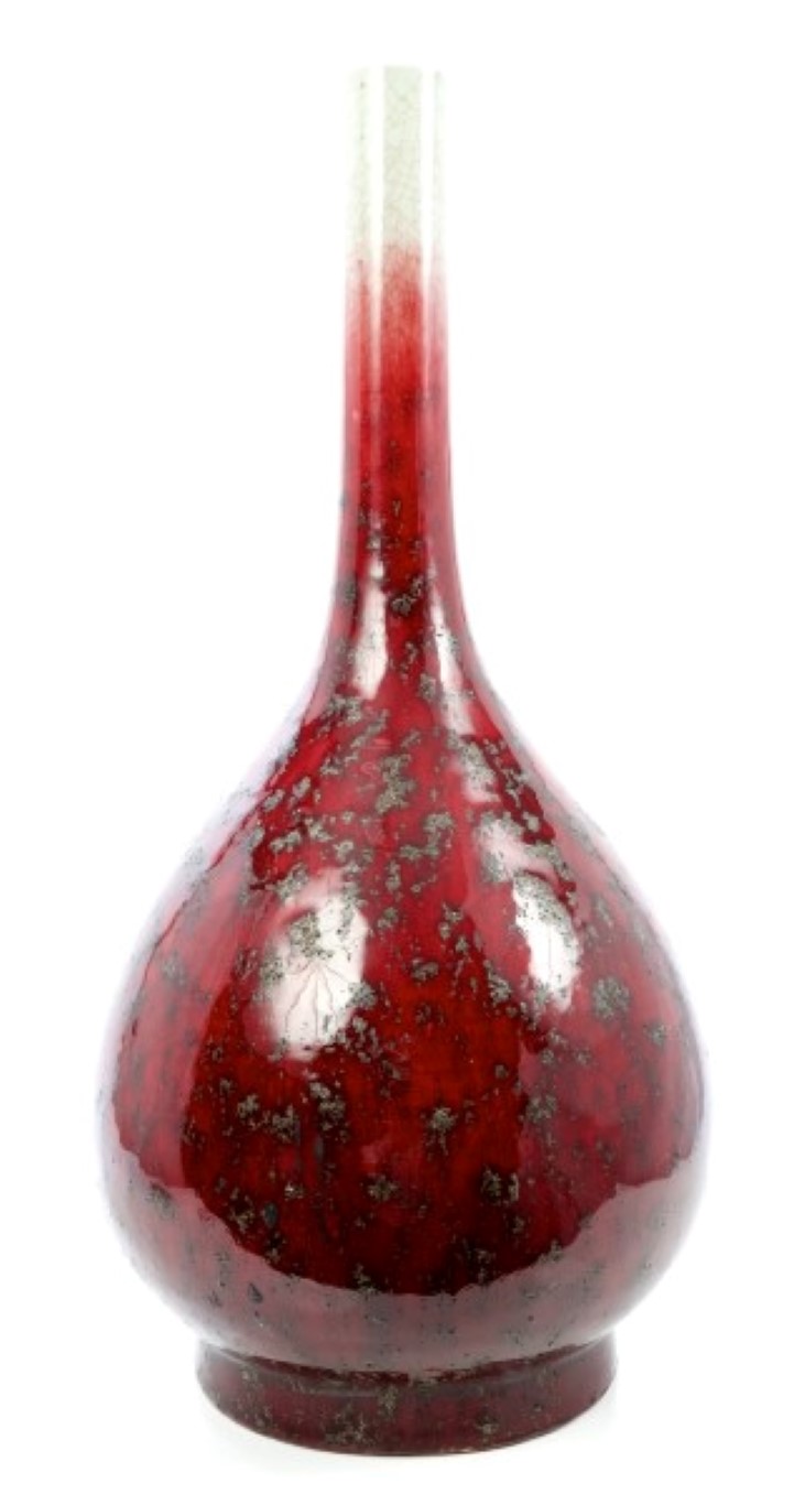 Antique Chinese sang de boeuf bottle vase with red and grey glaze, 44cm high.