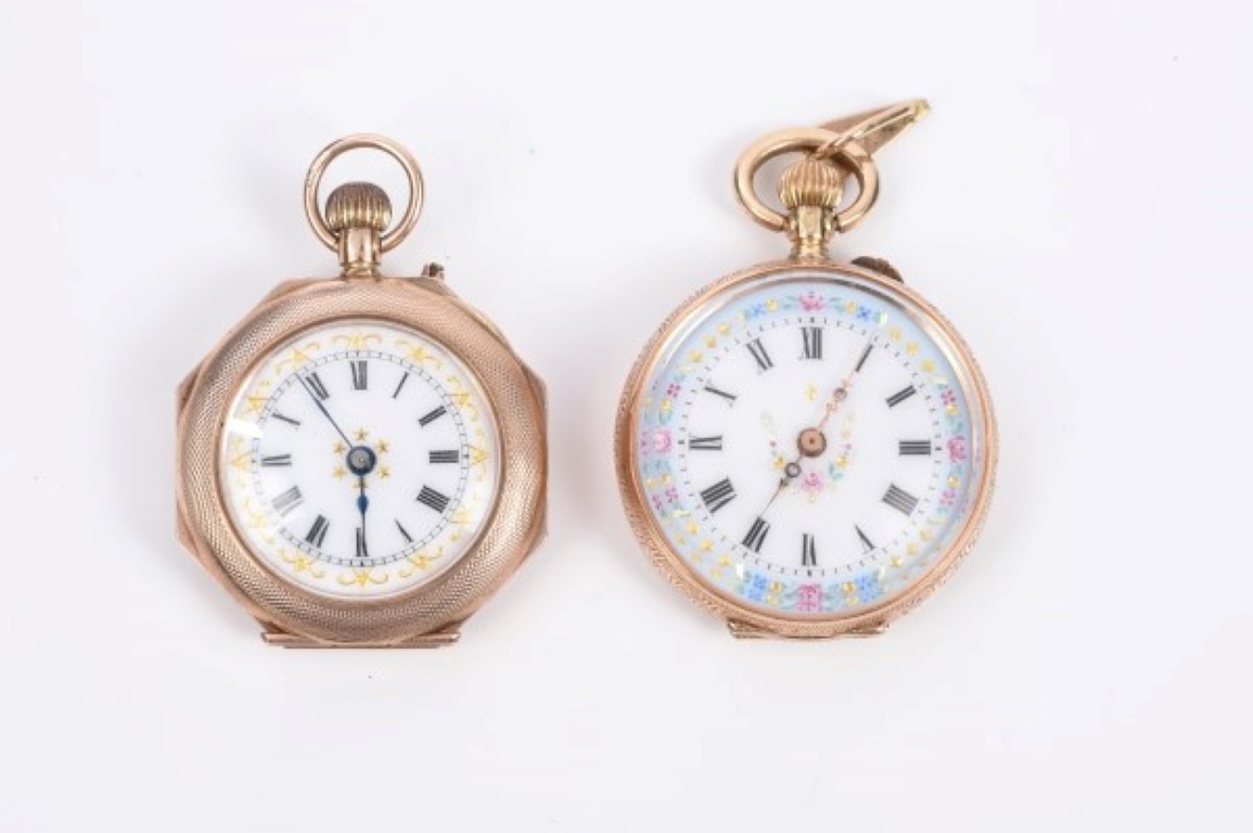 Late 19th century ladies' Swiss gold (14k) cased fob watch with jewelled enamel dial and another
