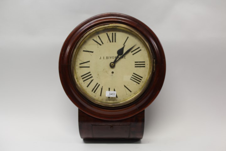 Victorian drop-dial wall clock with eight day fusee movement, twelve inch white dial signed - J. I.