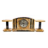 Three piece 1930s Art Deco-style mantel clock garniture, the clock with spring-driven movement,