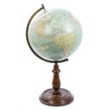 Twelve inch Bacon's Excelsior table globe with brass frame and turned wooden stand CONDITION