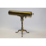 Early 19th century telescope tube without optics, on a pillar stand with folding tripod,